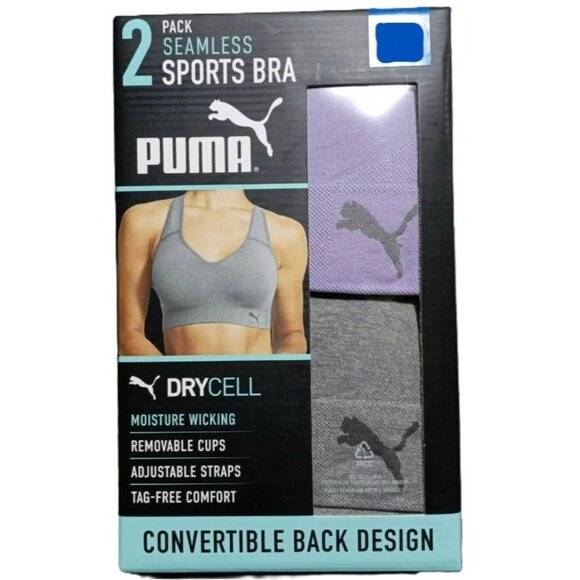 PUMA Sm 2 Pack Seamless Athletic Sports Bra Set Adjustable Cross Back Activewear - Picture 1 of 11